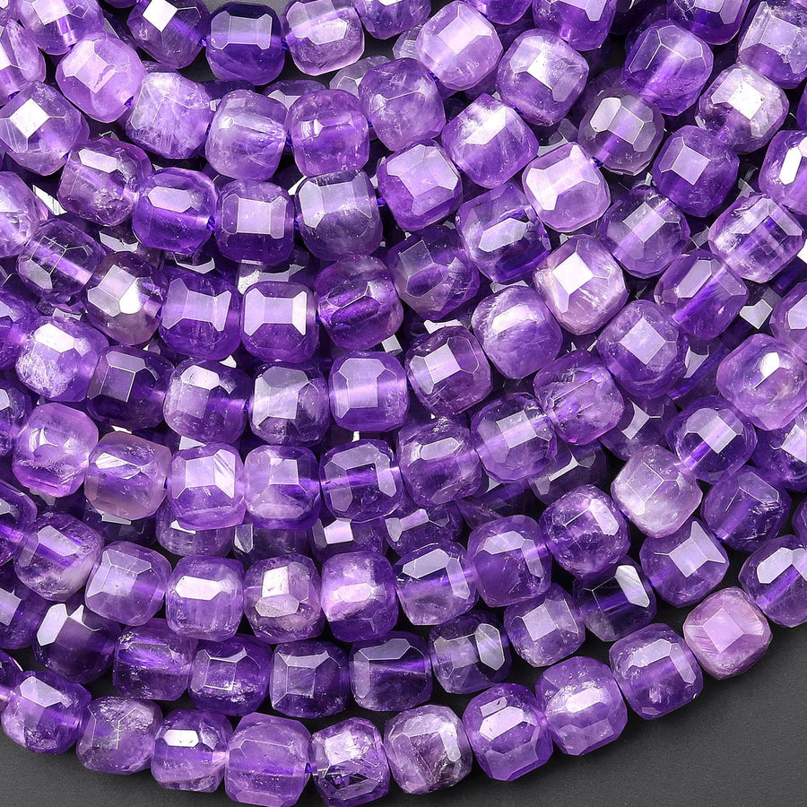 Faceted Natural Purple Amethyst 6mm Cube Beads 15.5" Strand