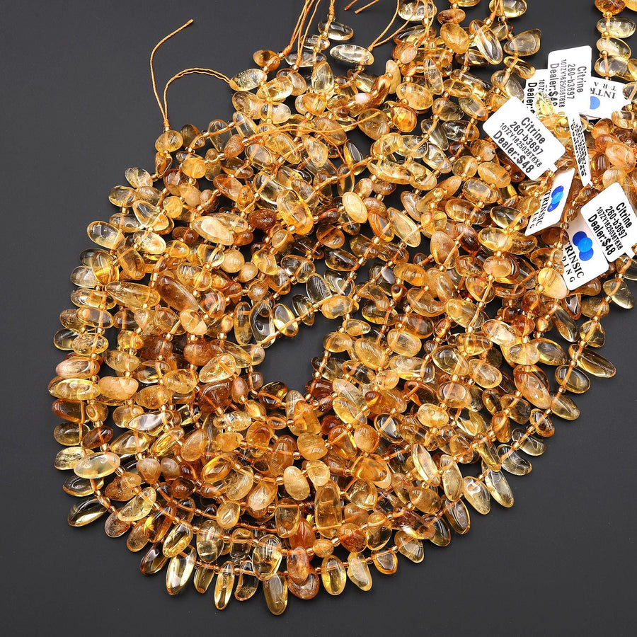 Natural Golden Yellow Citrine Beads Freeform Oval Pebble Nugget Top Side Drilled Gemstone 15.5" Strand
