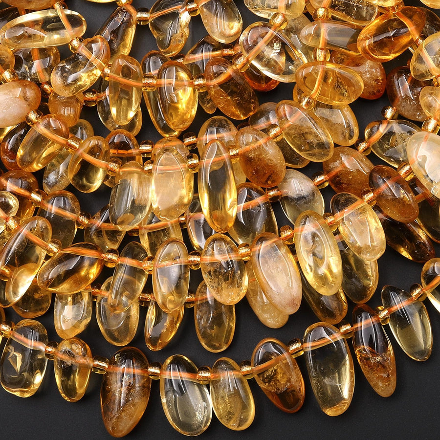 Natural Golden Yellow Citrine Beads Freeform Oval Pebble Nugget Top Side Drilled Gemstone 15.5" Strand
