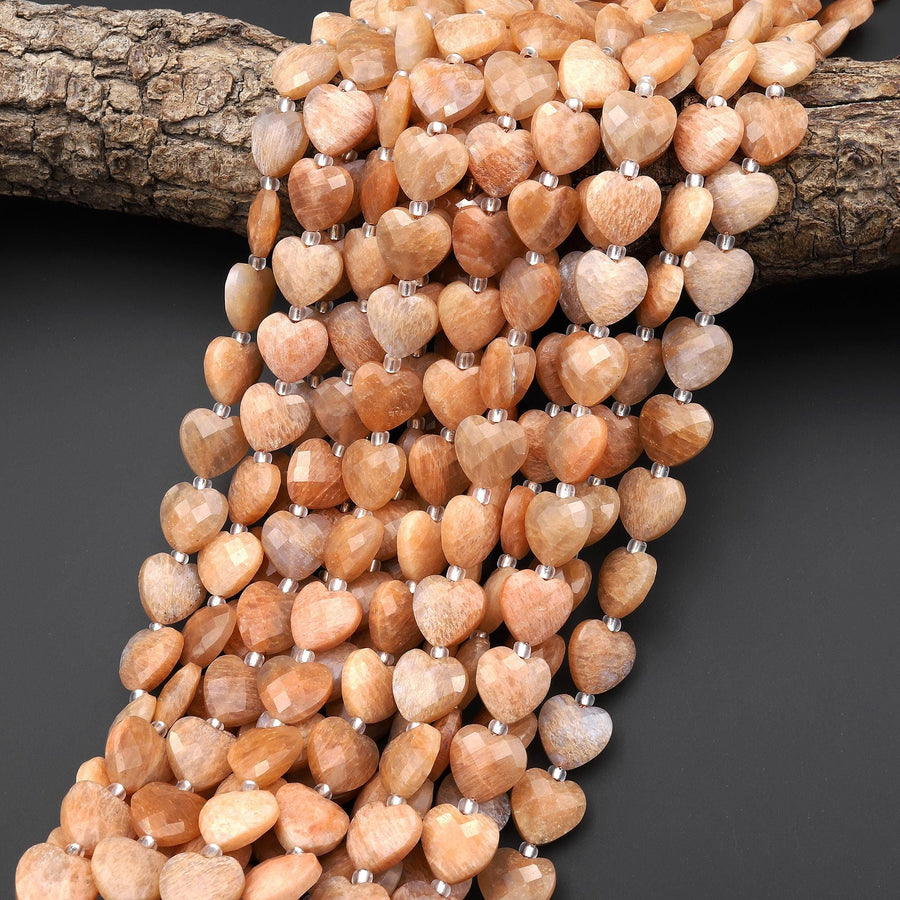 Faceted Natural Sunstone Heart Beads 12mm Gemstone 15.5" Strand