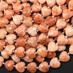 Faceted Natural Peach Sunstone Heart Beads 12mm Gemstone 15.5" Strand
