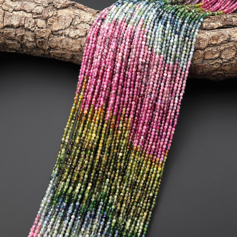 Natural Rainbow Tourmaline Faceted 2mm Round Pink Green Blue Gemstone Beads 15.5" Strand