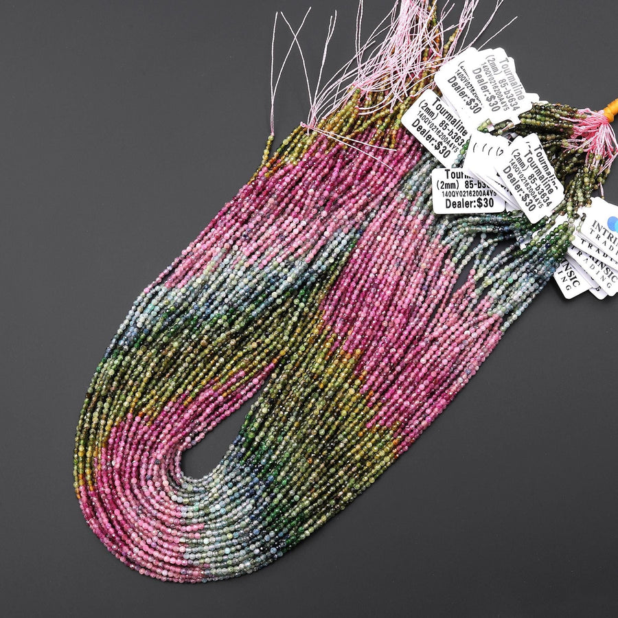 Natural Rainbow Tourmaline Faceted 2mm Round Pink Green Blue Gemstone Beads 15.5" Strand