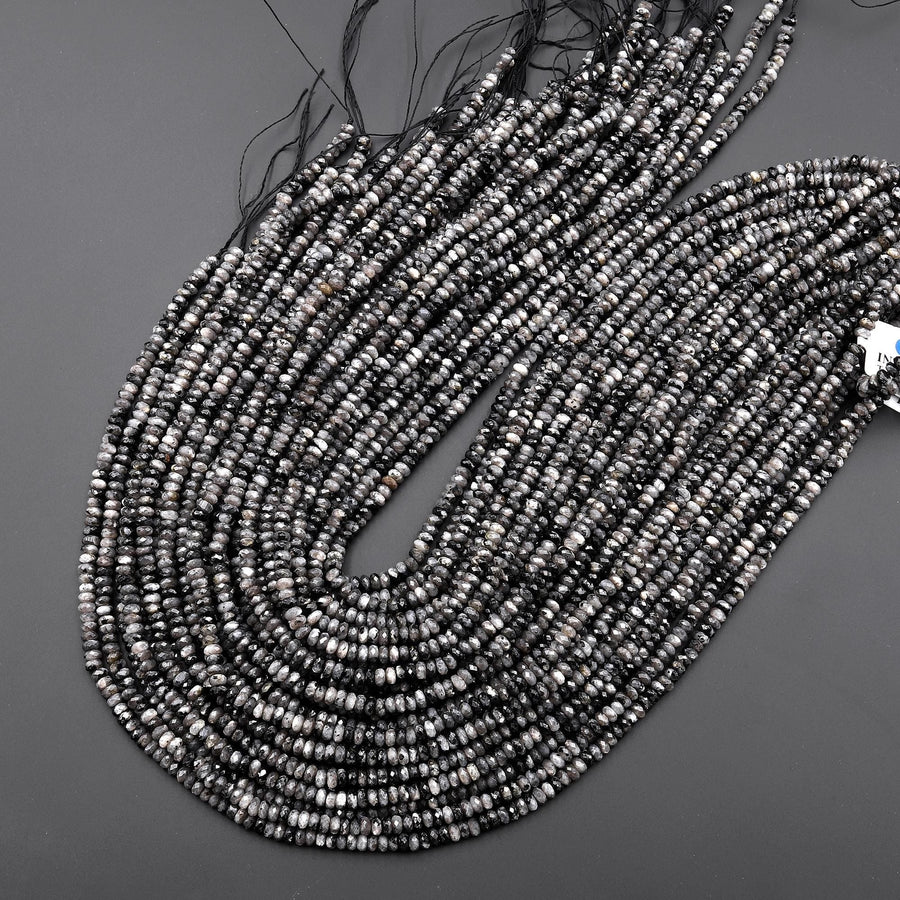 Faceted Natural Larvikite 4mm Thin Rondelle Beads Aka Norway Moonstone Black Labradorite 15.5" Strand