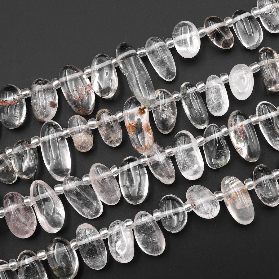 Natural Clear Phantom Quartz Freeform Oval Pebble Nugget Beads Side Drilled Gemstone 15.5" Strand