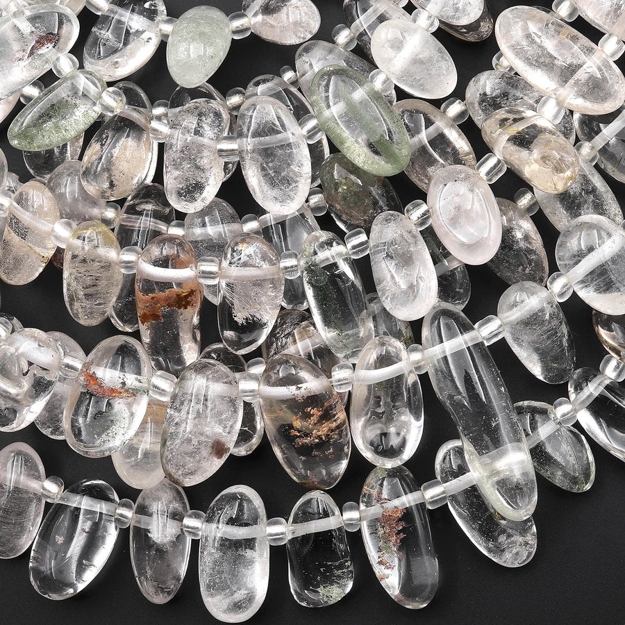 Natural Clear Phantom Quartz Freeform Oval Pebble Nugget Beads Side Drilled Gemstone 15.5" Strand
