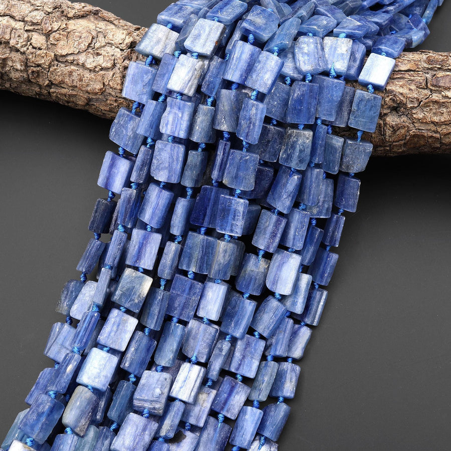Natural Blue Kyanite Rectangle Beads Hand Cut Chatoyant Gemstone 15.5" Strand