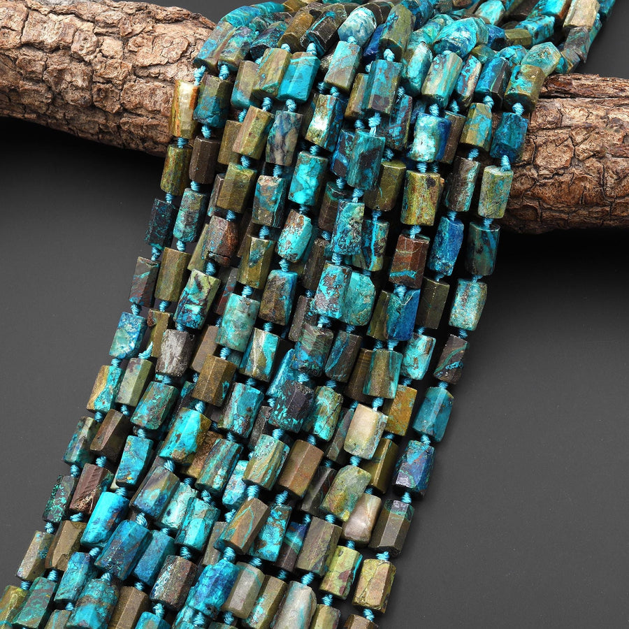 Natural Chrysocolla Azurite Hand Cut Faceted Tube Cylinder Beads 15.5" Strand