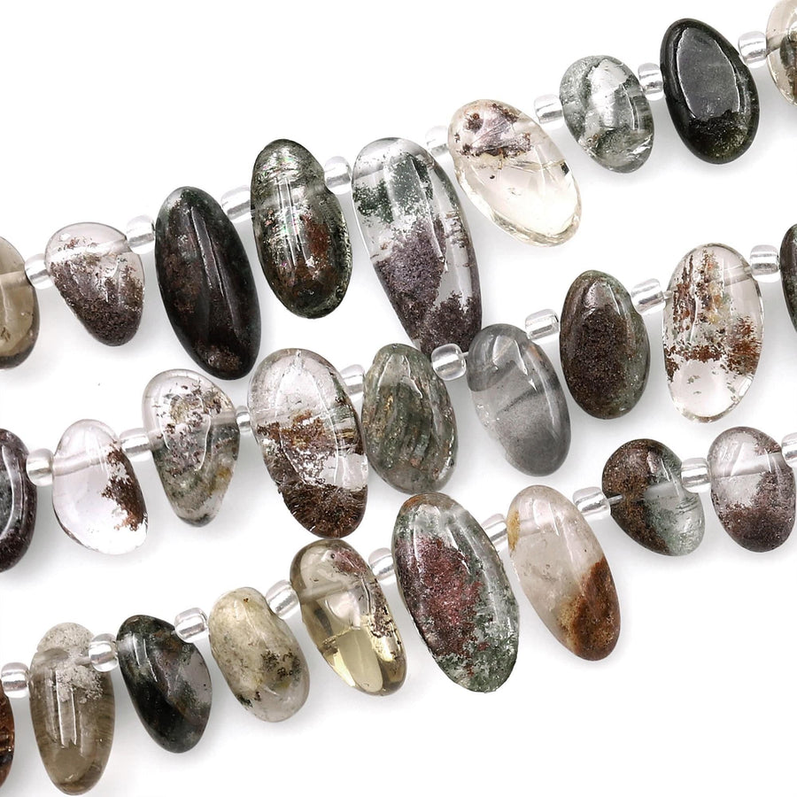 Natural Phantom Quartz Freeform Oval Pebble Nugget Beads Side Drilled Gemstone 15.5" Strand