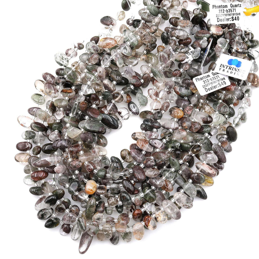 Natural Phantom Quartz Freeform Oval Pebble Nugget Beads Side Drilled Gemstone 15.5" Strand