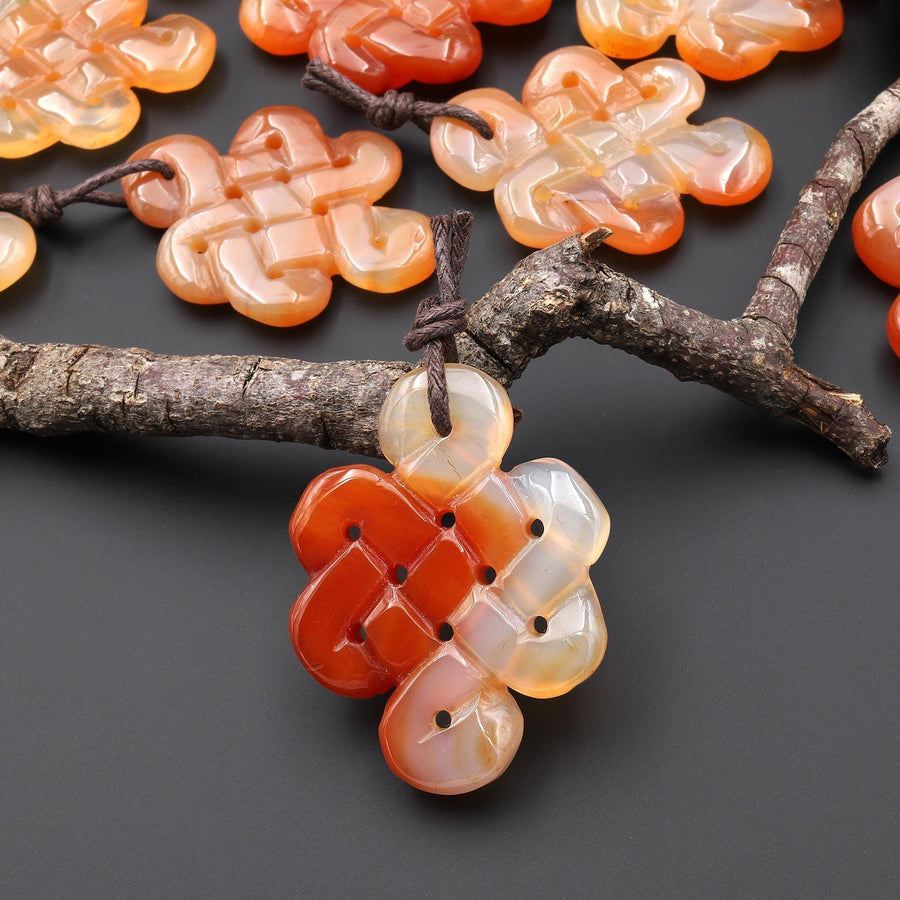Hand Carved Natural Two Tone Creamy Orange Carnelian Infinity Eternal Endless Knot Gemstone Pendant A1