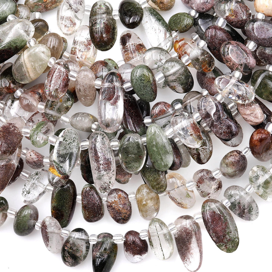 Natural Phantom Quartz Freeform Oval Pebble Nugget Beads Side Drilled Gemstone 15.5" Strand