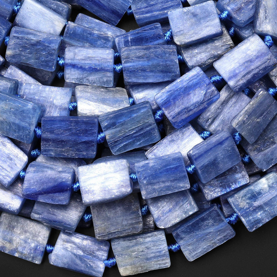 Natural Blue Kyanite Rectangle Beads Hand Cut Chatoyant Gemstone 15.5" Strand