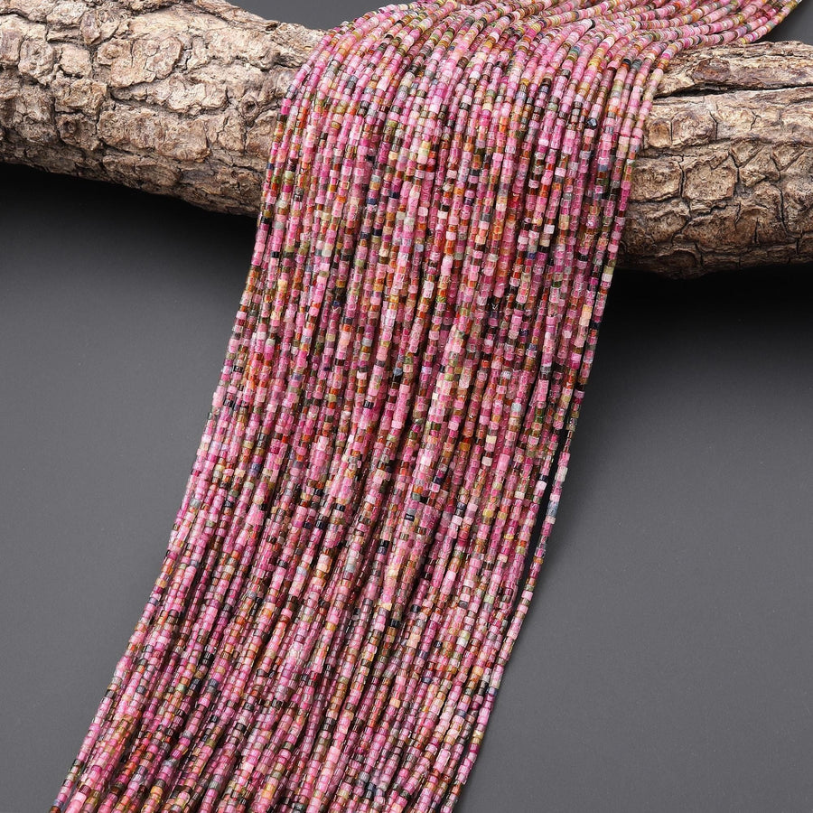 Natural Green Pink Watermelon Tourmaline Super Thin Fine 2mm Tube Beads 15.5" Strand
