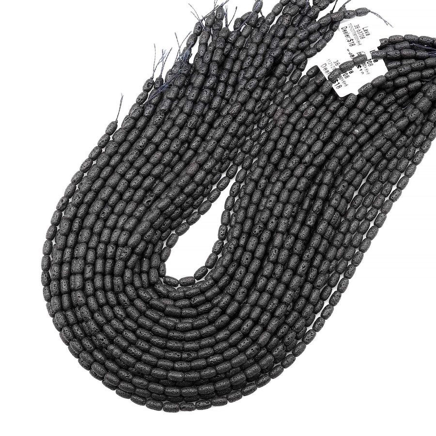 AAA Natural Black Lava Tube 7x4mm Rice Barrel Tube Beads Organic Earthy Stone 15" Strand