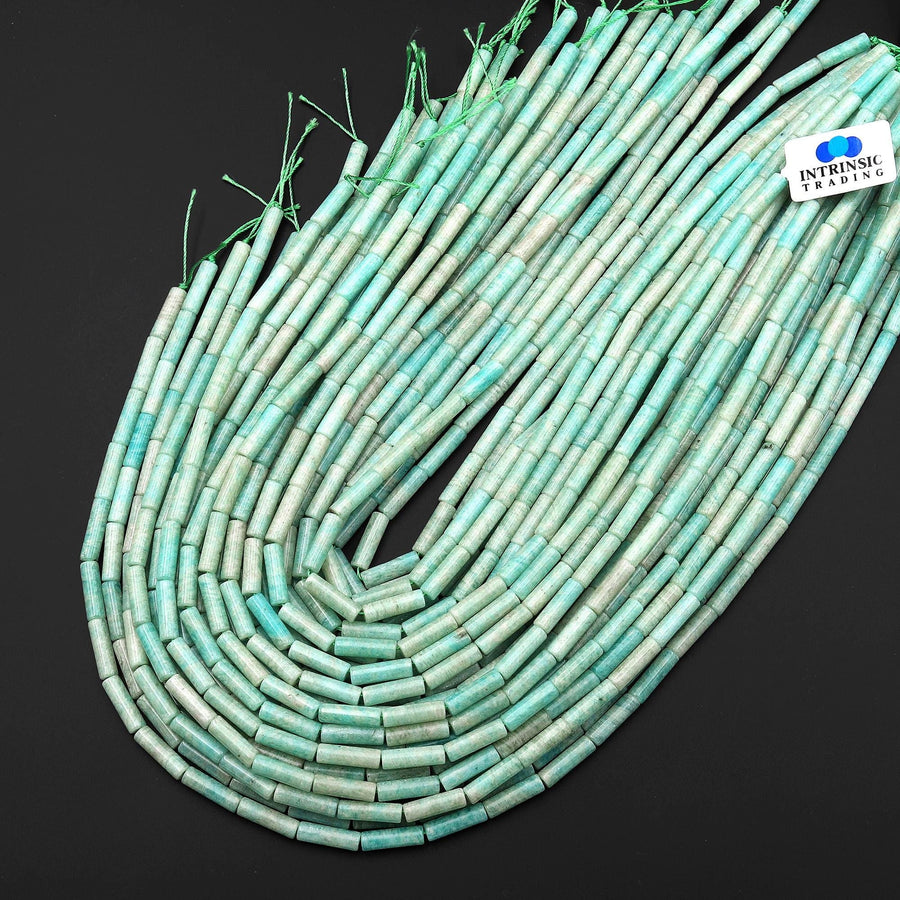 Natural Aqua Blue Green Amazonite Thin Long Tube Beads 15.5" Strand