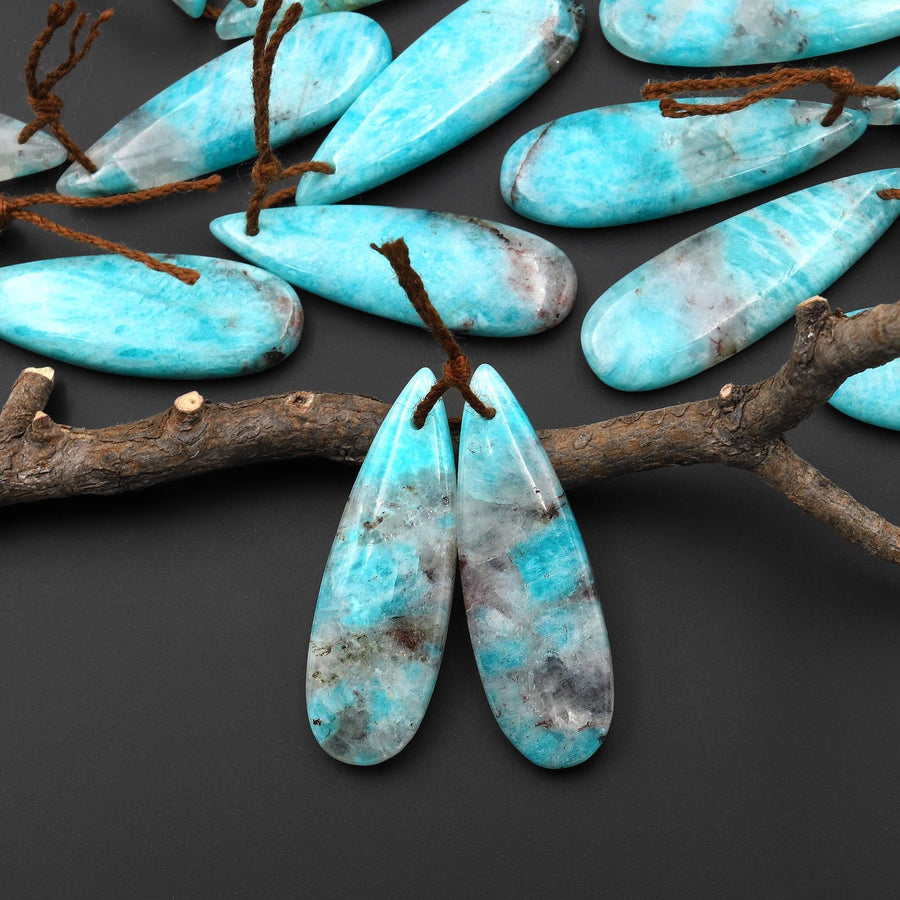 Natural Madagascar Blue Amazonite w Quartz Matrix Teardrop Earring Drilled Matched Gemstone Bead Pair A3