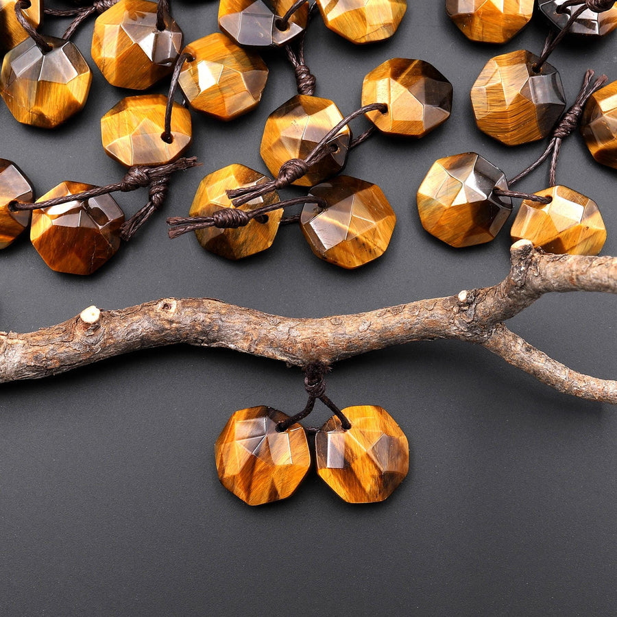 AAA Natural Tiger's Eye Faceted Geometric Round Octagon Coin Disc 12mm Earring Pair Matched Gemstones A1