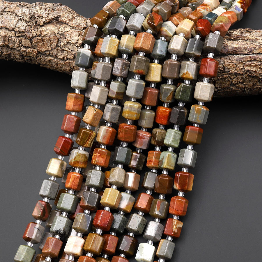 Natural Landscape Ocean Jasper 10mm Faceted Hexagon Tube Beads 15.5" Strand
