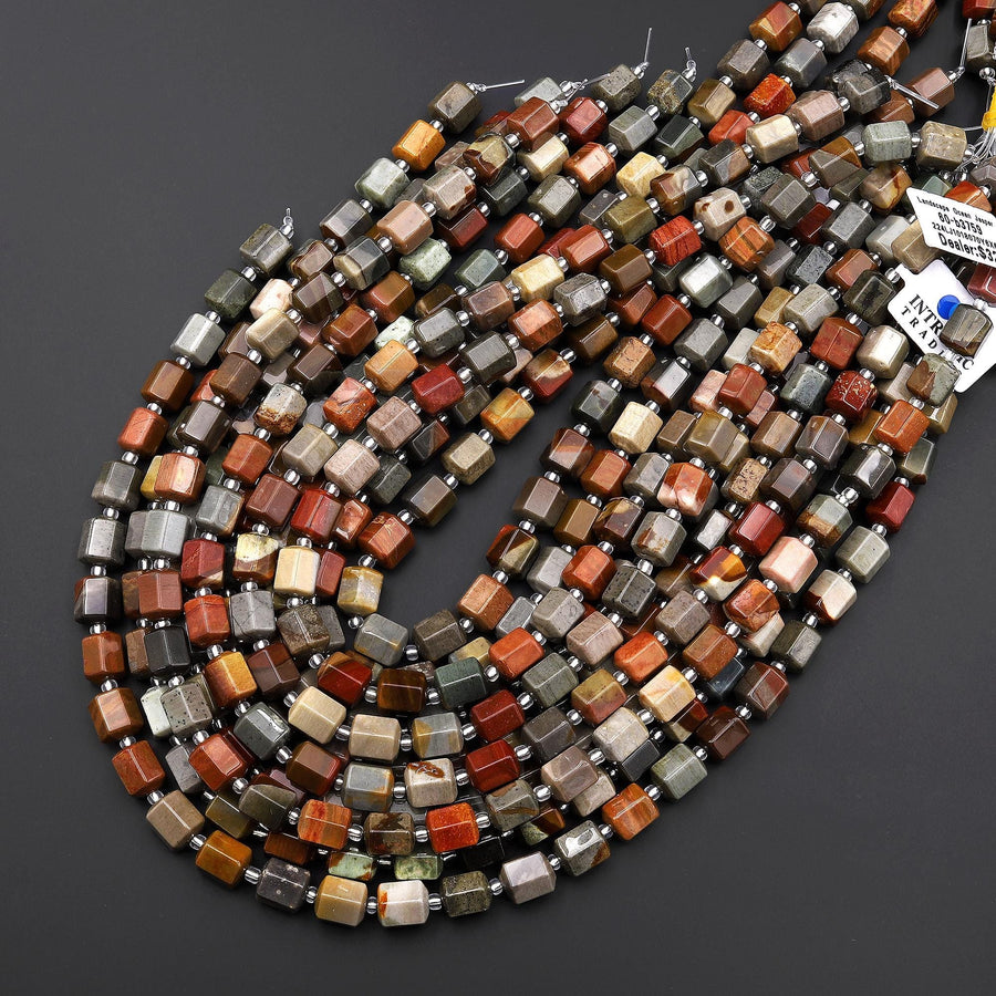 Natural Landscape Ocean Jasper 10mm Faceted Hexagon Tube Beads 15.5" Strand