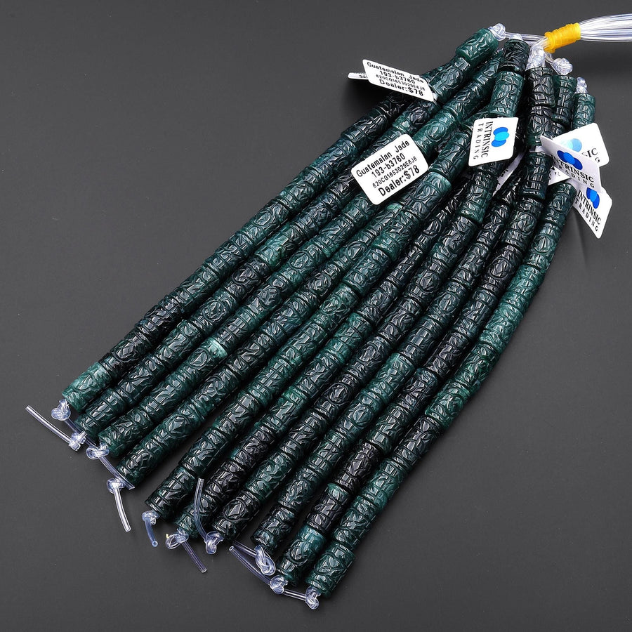 AAA Large 3mm Hole Beads Hand Carved Natural Guatemalan Dark Blue Green Jade Decorative Tube 8" Strand
