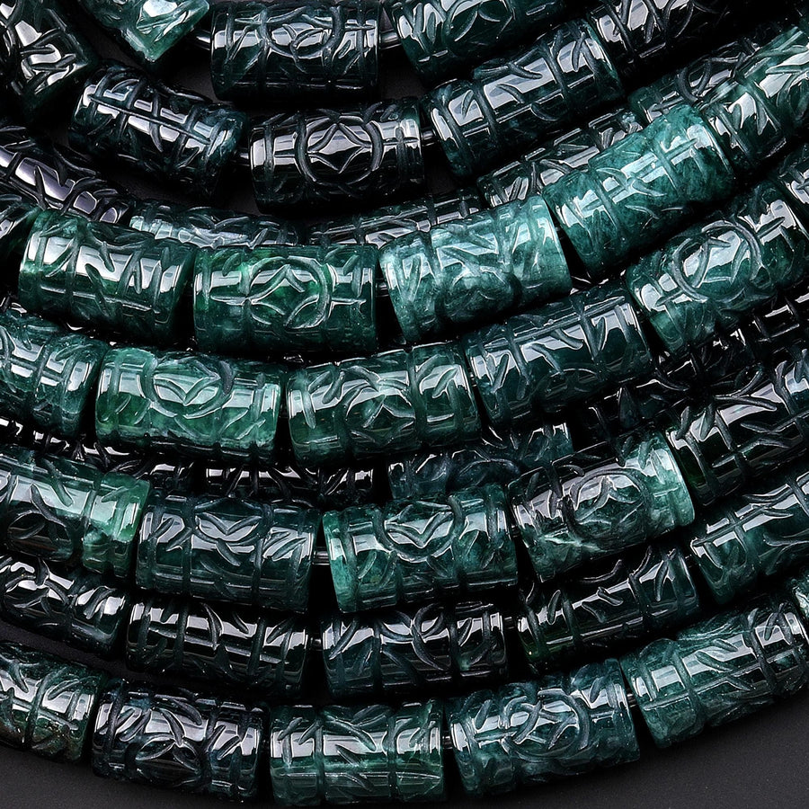 AAA Large 3mm Hole Beads Hand Carved Natural Guatemalan Dark Blue Green Jade Decorative Tube 8" Strand