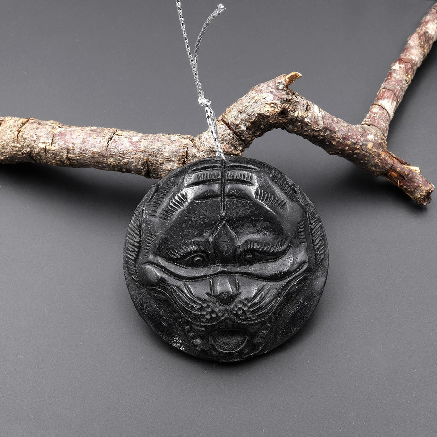 Hand Carved Natural Black Onyx Tiger Head Pendant Gemstone Focal Bead A2
