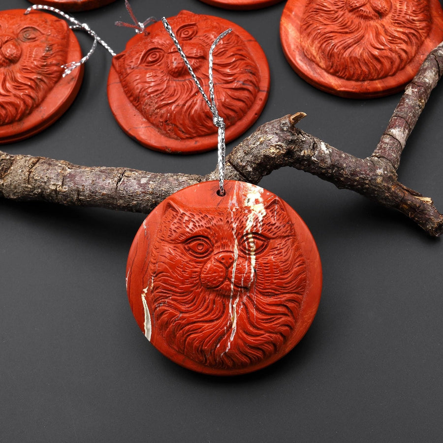 Hand Carved Natural Red Jasper Cat Pendant Gemstone Focal Bead A2