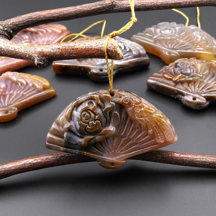 Hand Carved Natural Translucent Brown Indian Agate Gemstone Flower Fan Pendant