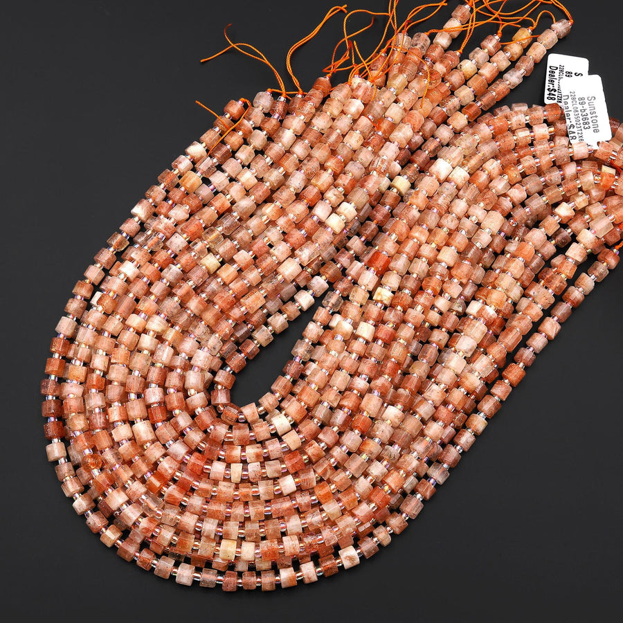 Faceted Natural Sunstone 6mm Short Cylinder Tube Gemstone Beads 15.5" Strand