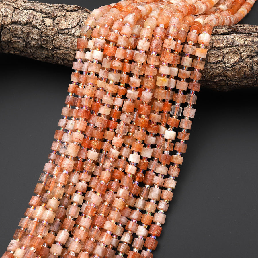 Faceted Natural Sunstone 6mm Short Cylinder Tube Gemstone Beads 15.5" Strand