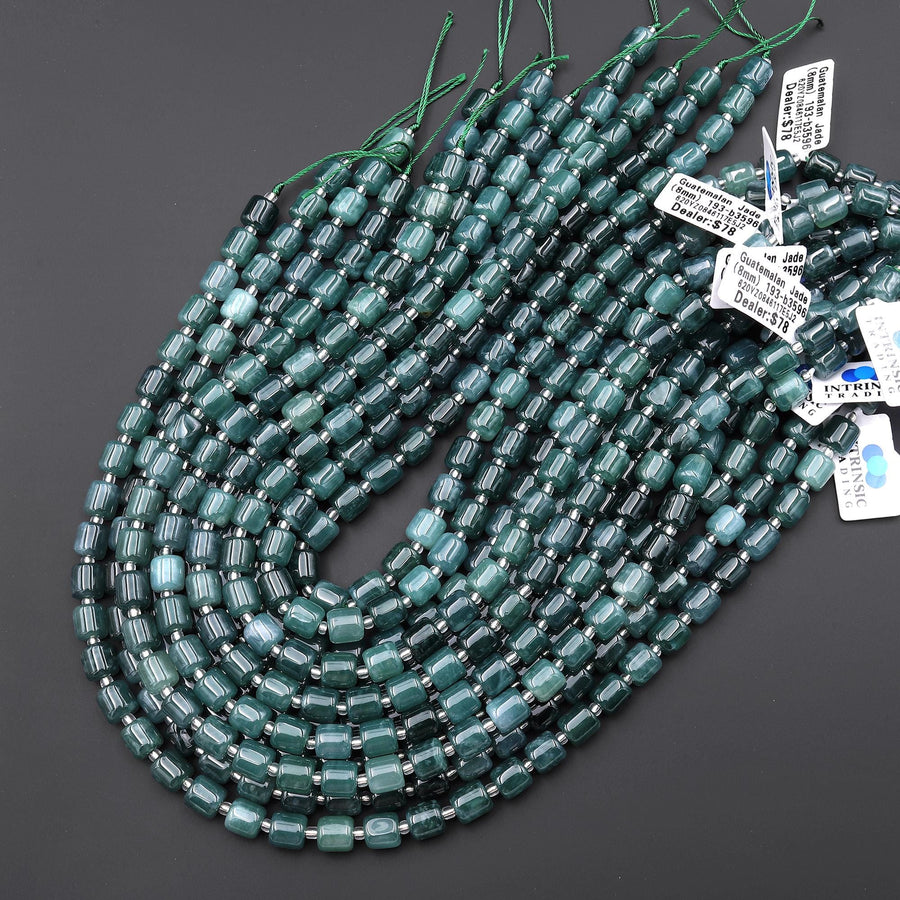 AAA Natural Guatemalan Blue Green Jade Smooth Tube Cylinder Beads 15.5" Strand