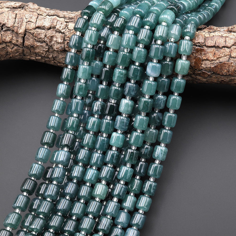 AAA Natural Guatemalan Blue Green Jade Smooth Tube Cylinder Beads 15.5" Strand