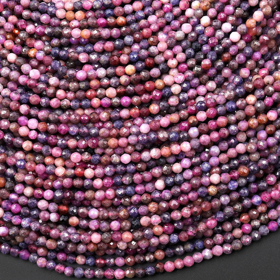 Faceted Natural Blue Sapphire Pink Ruby 2mm Round Gemstone Beads 15.5" Strand