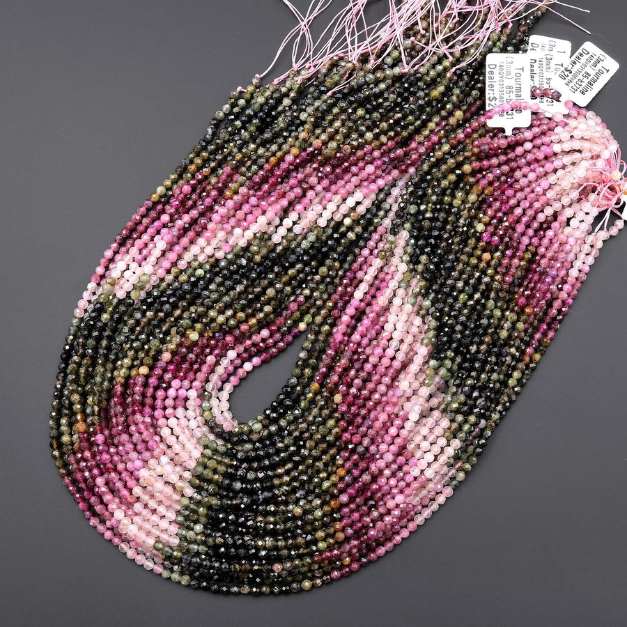 Natural Pink Green Tourmaline Faceted 3mm Round Beads Ombre Gemstone 15.5" Strand
