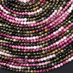 Natural Pink Green Tourmaline Faceted 3mm Round Beads Ombre Gemstone 15.5" Strand