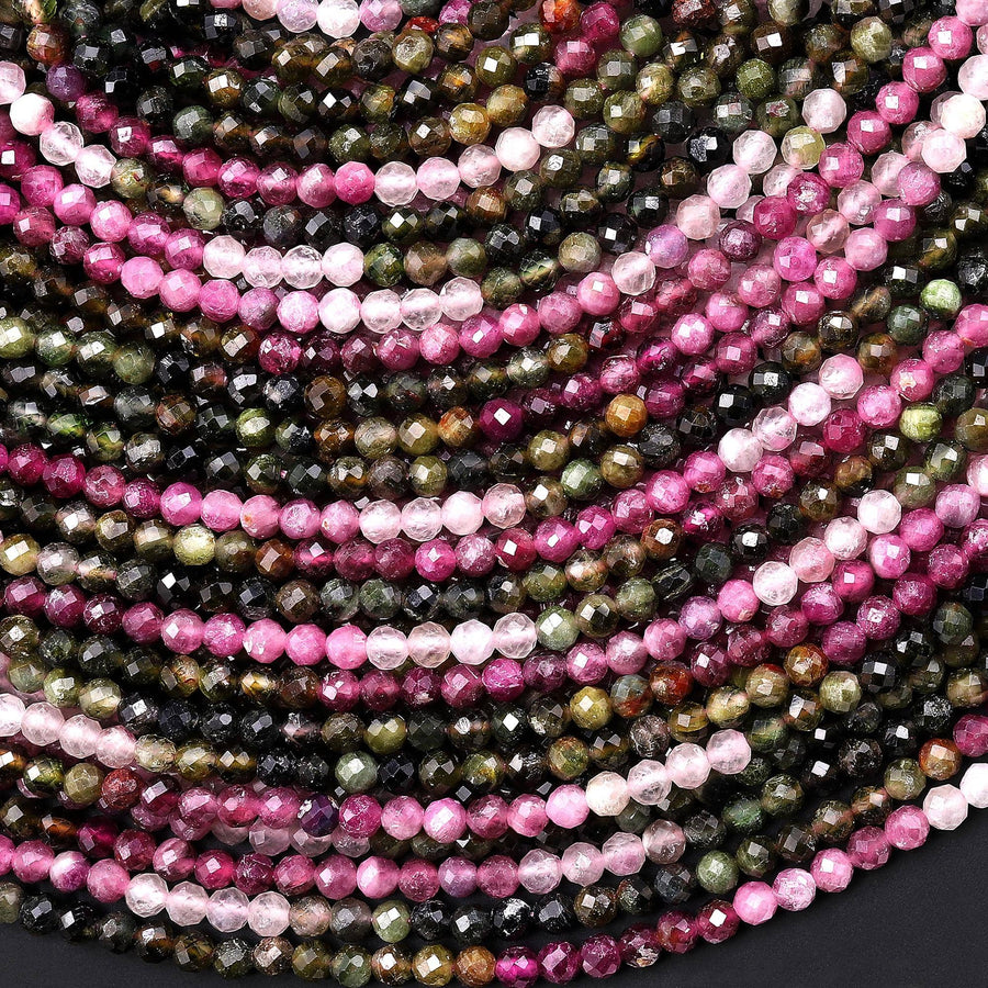 Natural Pink Green Tourmaline Faceted 3mm Round Beads Ombre Gemstone 15.5" Strand