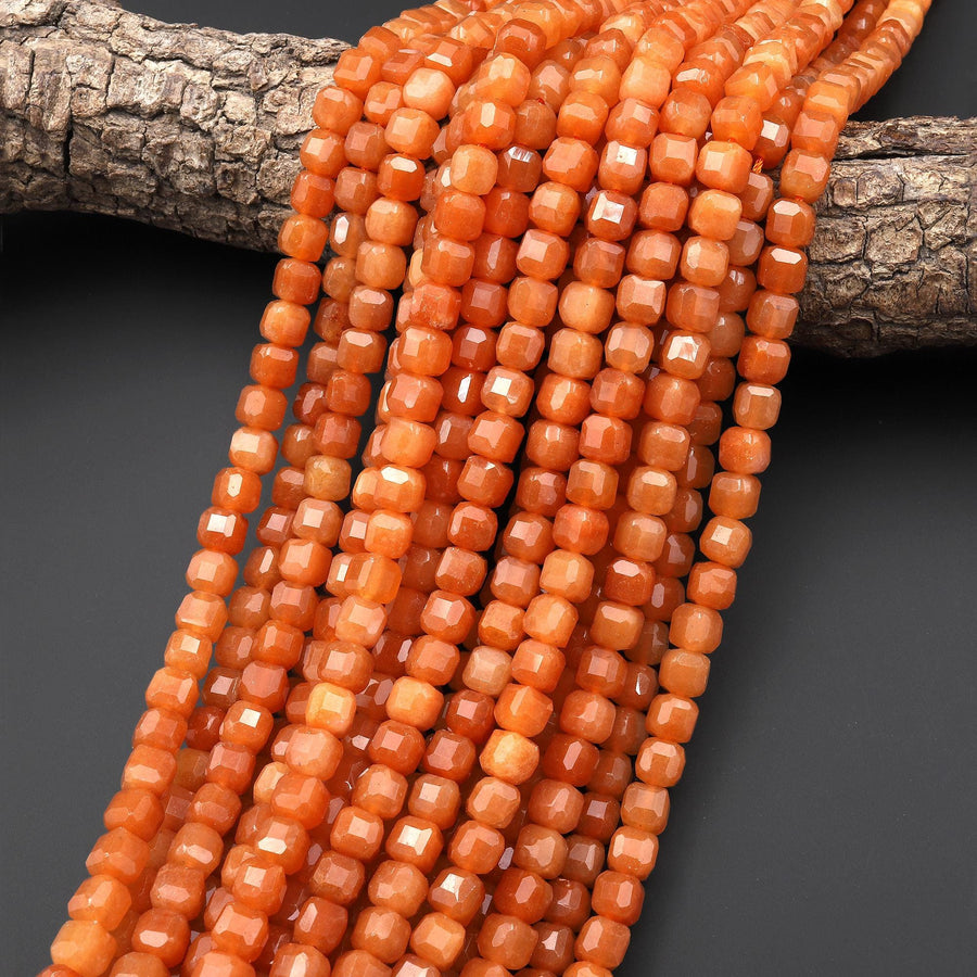 Natural Orange Aventurine Faceted 6mm Cube Beads 15.5" Strand