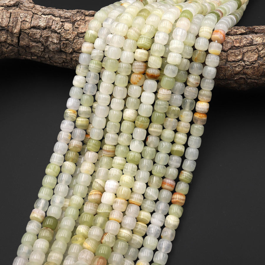 AAA Natural Green Calcite Short Cylinder Barrel Beads Aka Afghanistan Jade 15.5" Strand