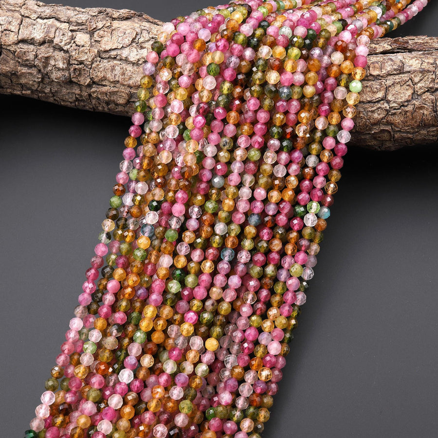 AAA Faceted Natural Green Pink Canary Yellow Tourmaline Round Beads 4mm Gemstone 15.5" Strand