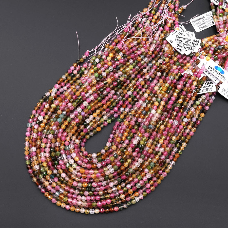 AAA Faceted Natural Green Pink Canary Yellow Tourmaline Round Beads 4mm Gemstone 15.5" Strand