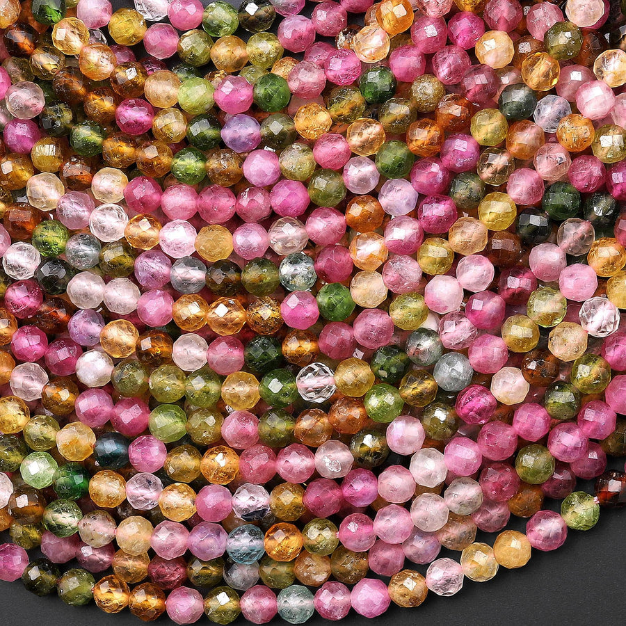 AAA Faceted Natural Green Pink Canary Yellow Tourmaline Round Beads 4mm Gemstone 15.5" Strand