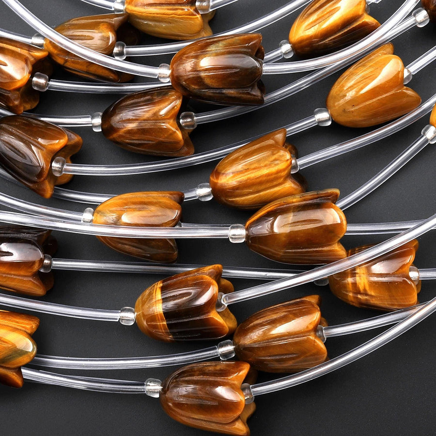 AAA Natural Tiger's Eye Hand Carved Tulip Lily Flower Vertically Drilled Gemstone 15mm Beads Strand