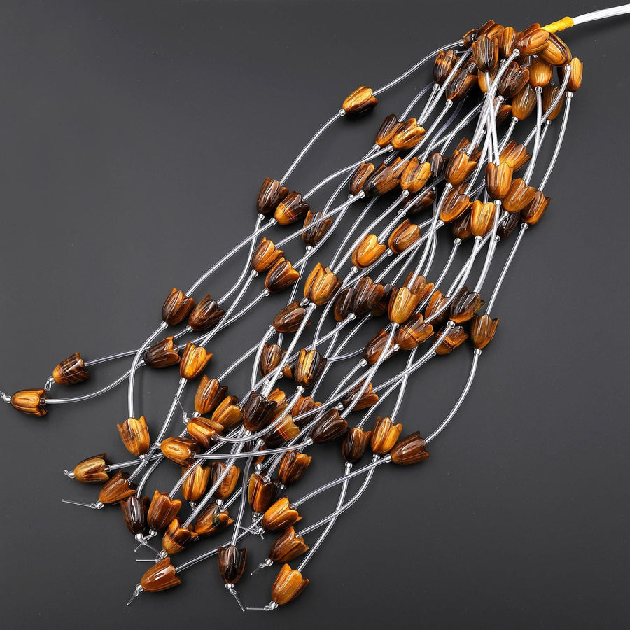AAA Natural Tiger's Eye Hand Carved Tulip Lily Flower Vertically Drilled Gemstone 15mm Beads Strand