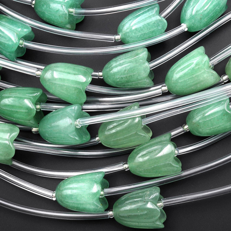 AAA Natural Green Aventurine Hand Carved Tulip Lily Flower Vertically Drilled Gemstone 15mm Beads Strand