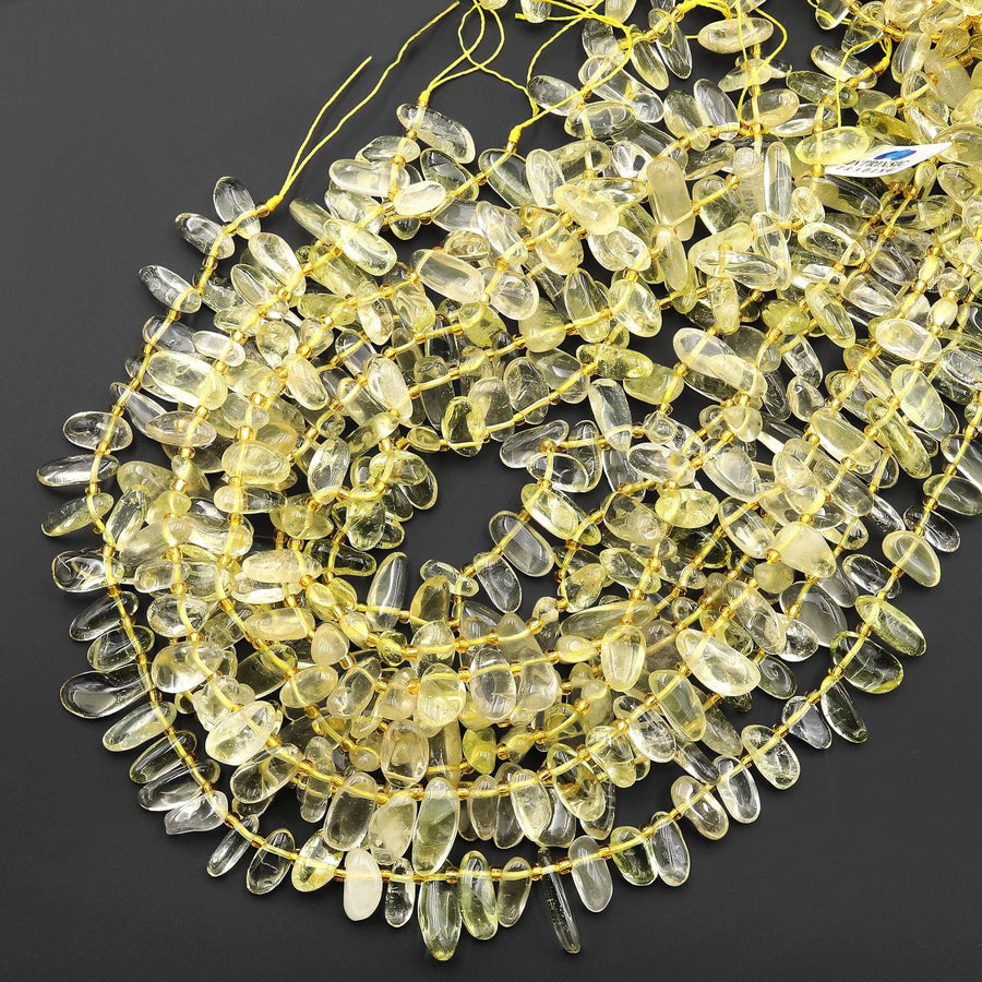 Genuine Natural Lemon Quartz Freeform Oval Side Drilled Pebble Drop Beads Gemstone 15.5" Strand