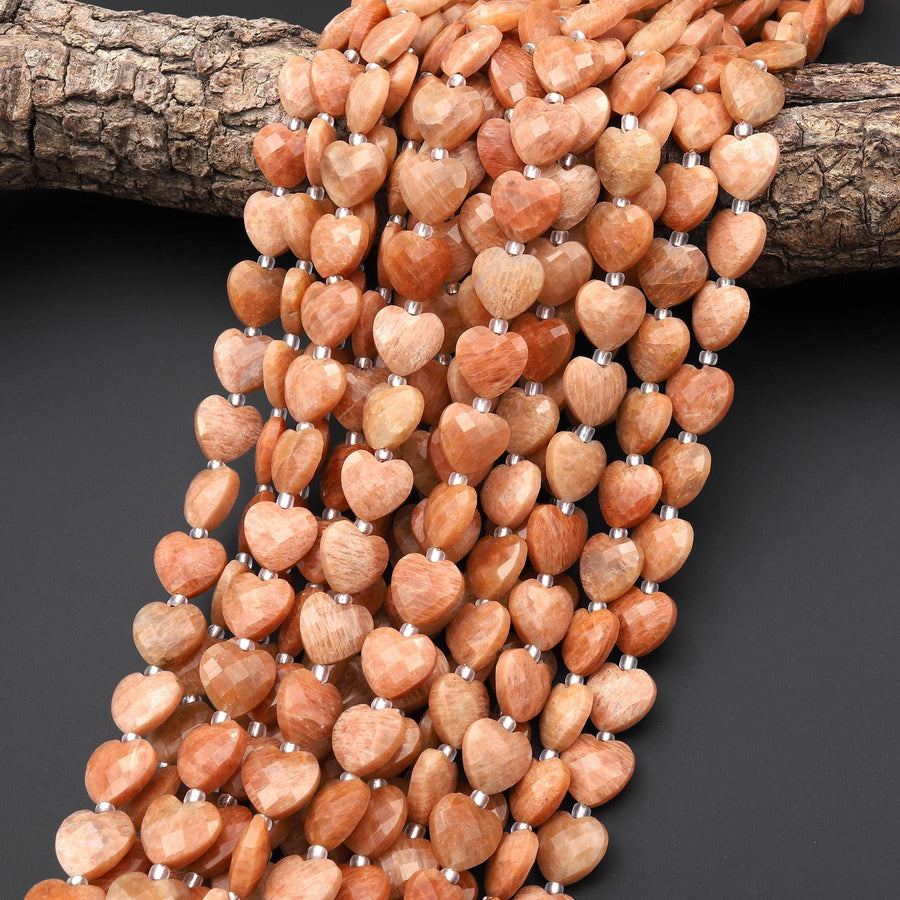 Faceted Natural Peach Sunstone Heart Beads 12mm Gemstone 15.5" Strand