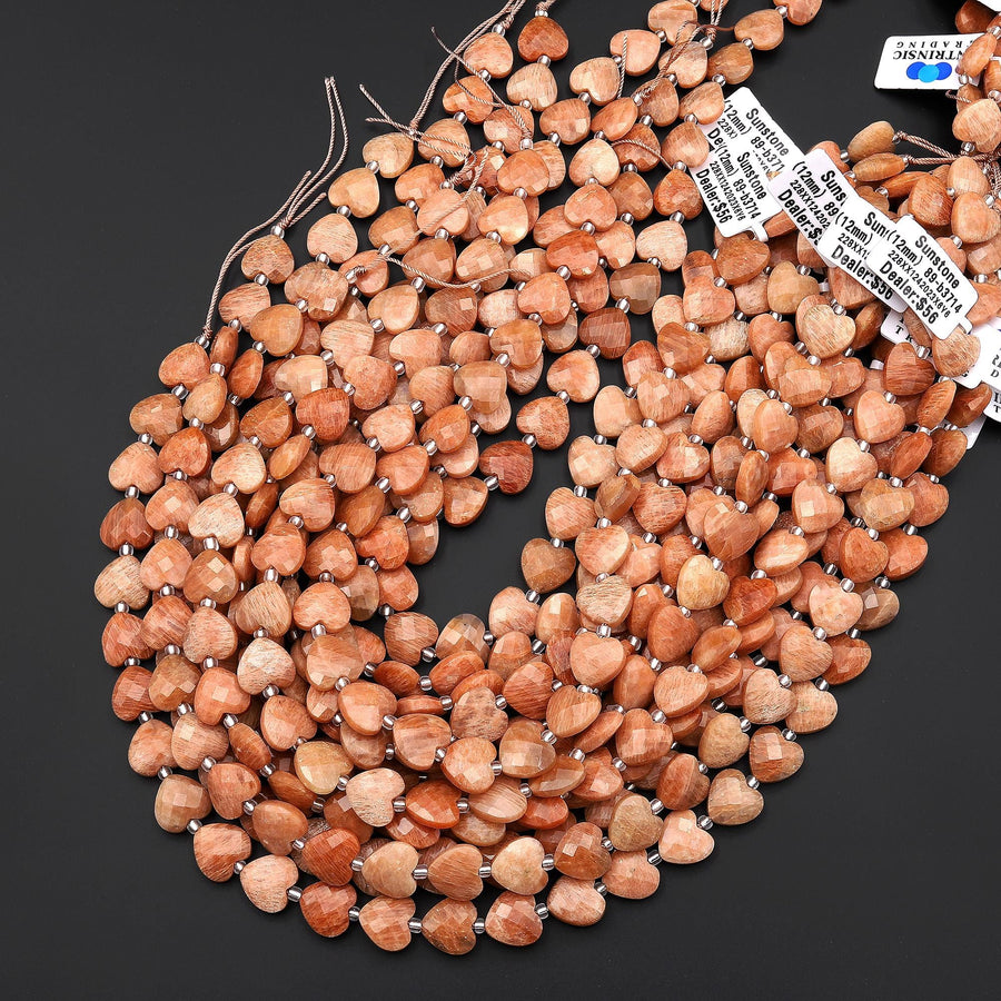 Faceted Natural Peach Sunstone Heart Beads 12mm Gemstone 15.5" Strand