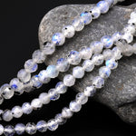 Faceted Translucent Natural Rainbow Moonstone W/ Black Tourmaline Matrix 4mm Round Beads 15.5" Strand