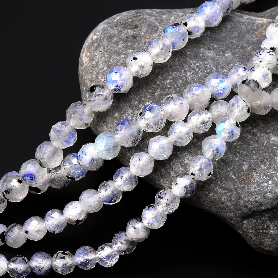 Faceted Translucent Natural Rainbow Moonstone W/ Black Tourmaline Matrix 4mm Round Beads 15.5" Strand